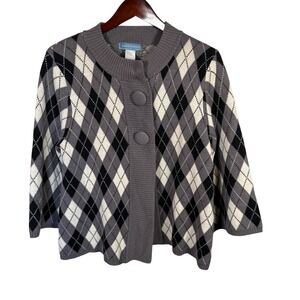 Classic Elements Grey Argyle Dark Academia Cardigan‎ Sweater Sz Lg Whimsey Goth